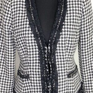 White House Black Market Black & White Houndstooth Fringed Trim Blazer